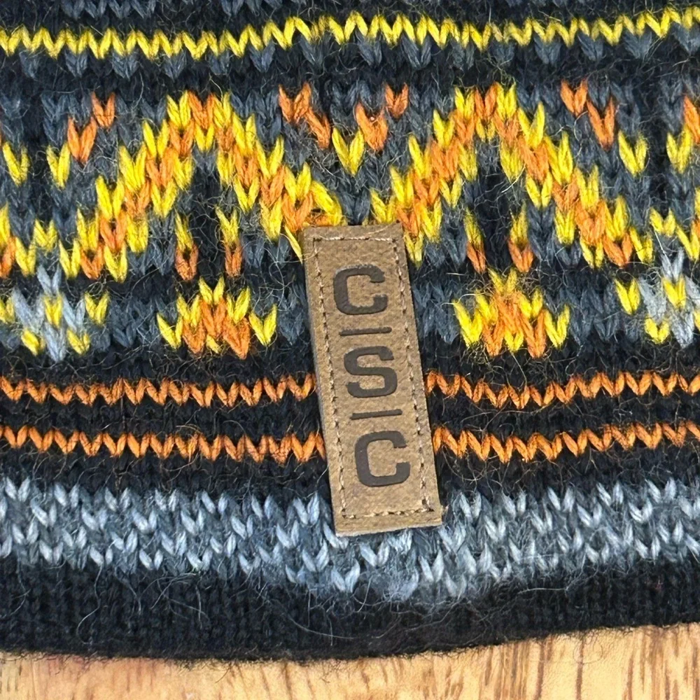 Columbia Children's Knit Geometric Pom Beanie Hat in Black, Yellow & Orange